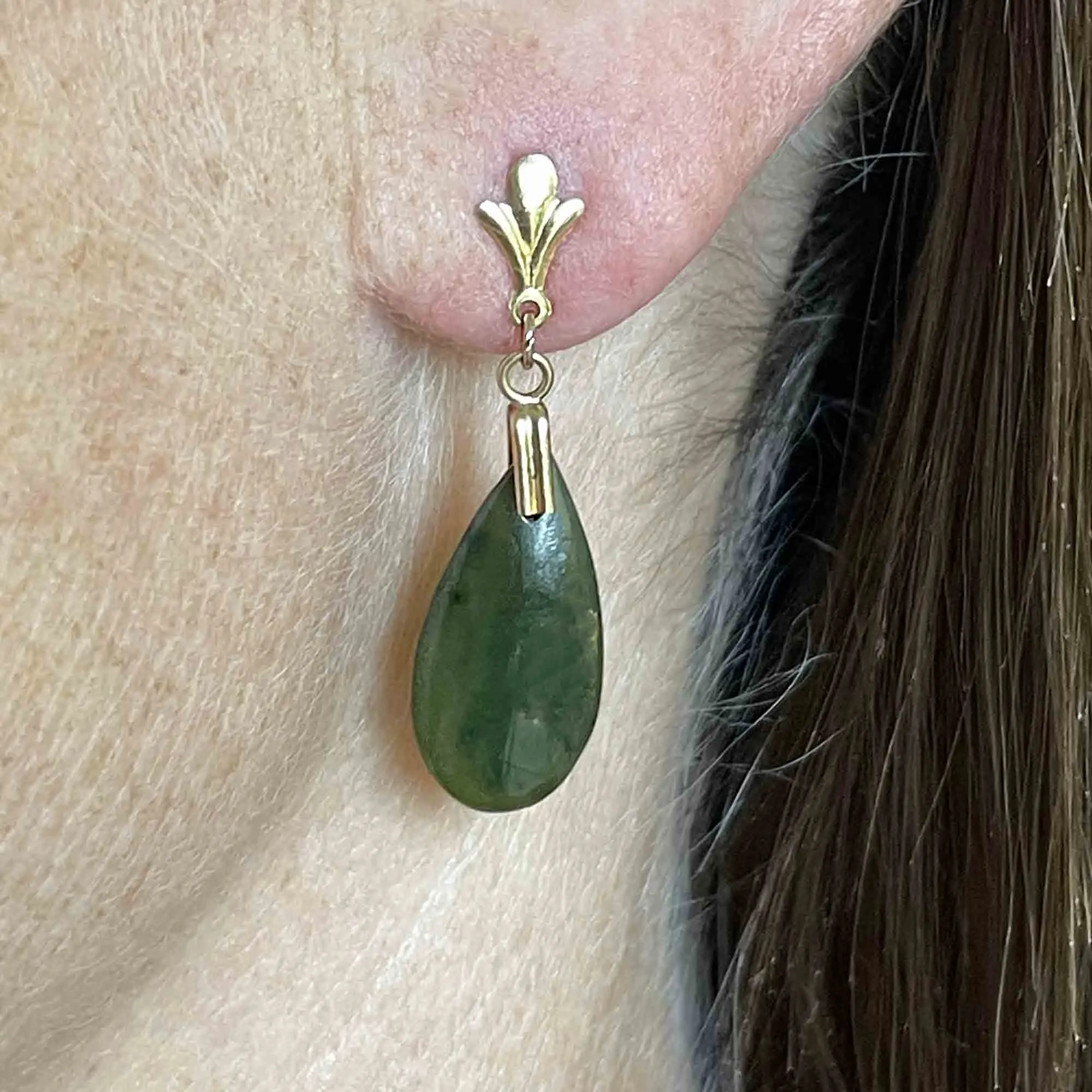 14K Gold Fluer de Lis Jade Teardrop Earrings