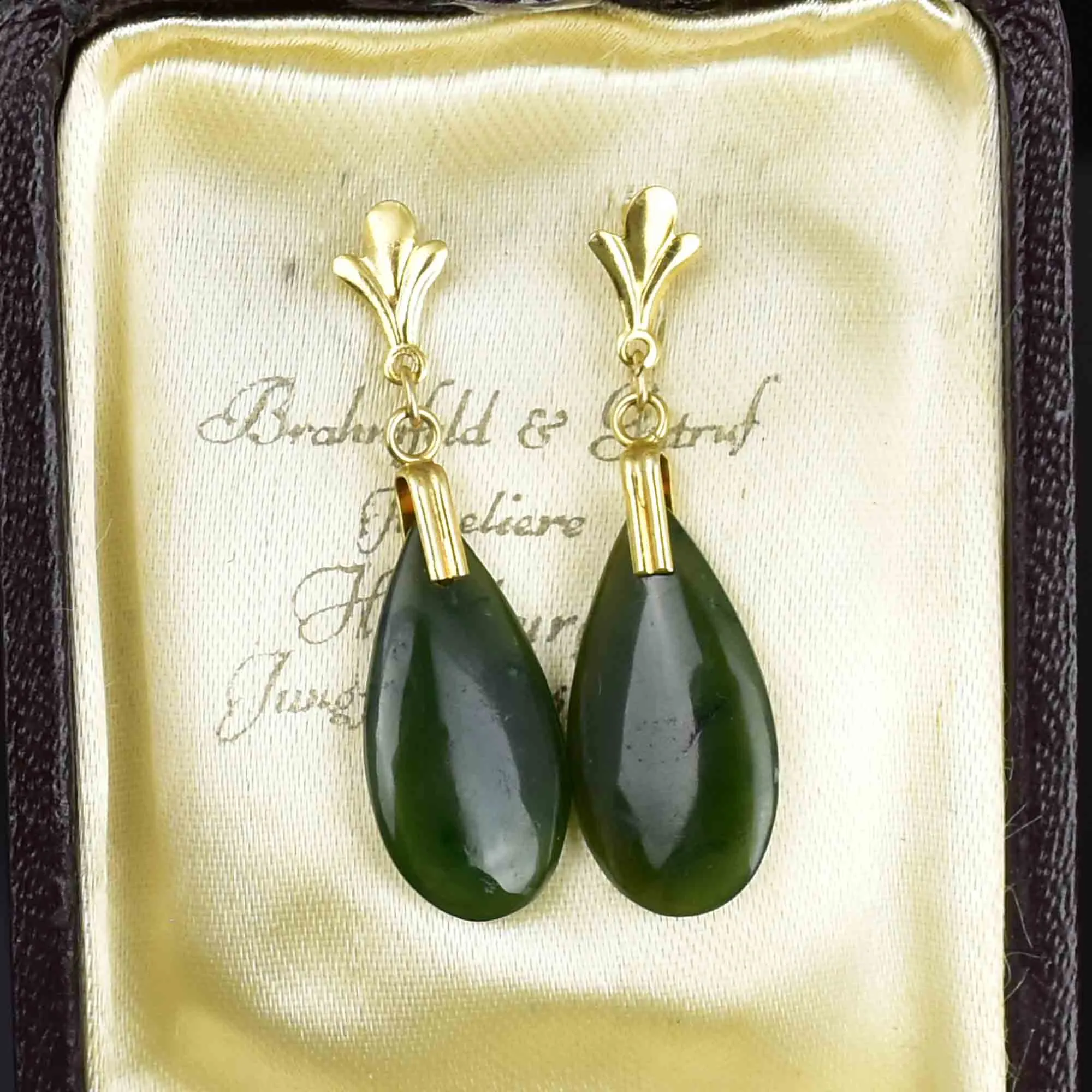 14K Gold Fluer de Lis Jade Teardrop Earrings