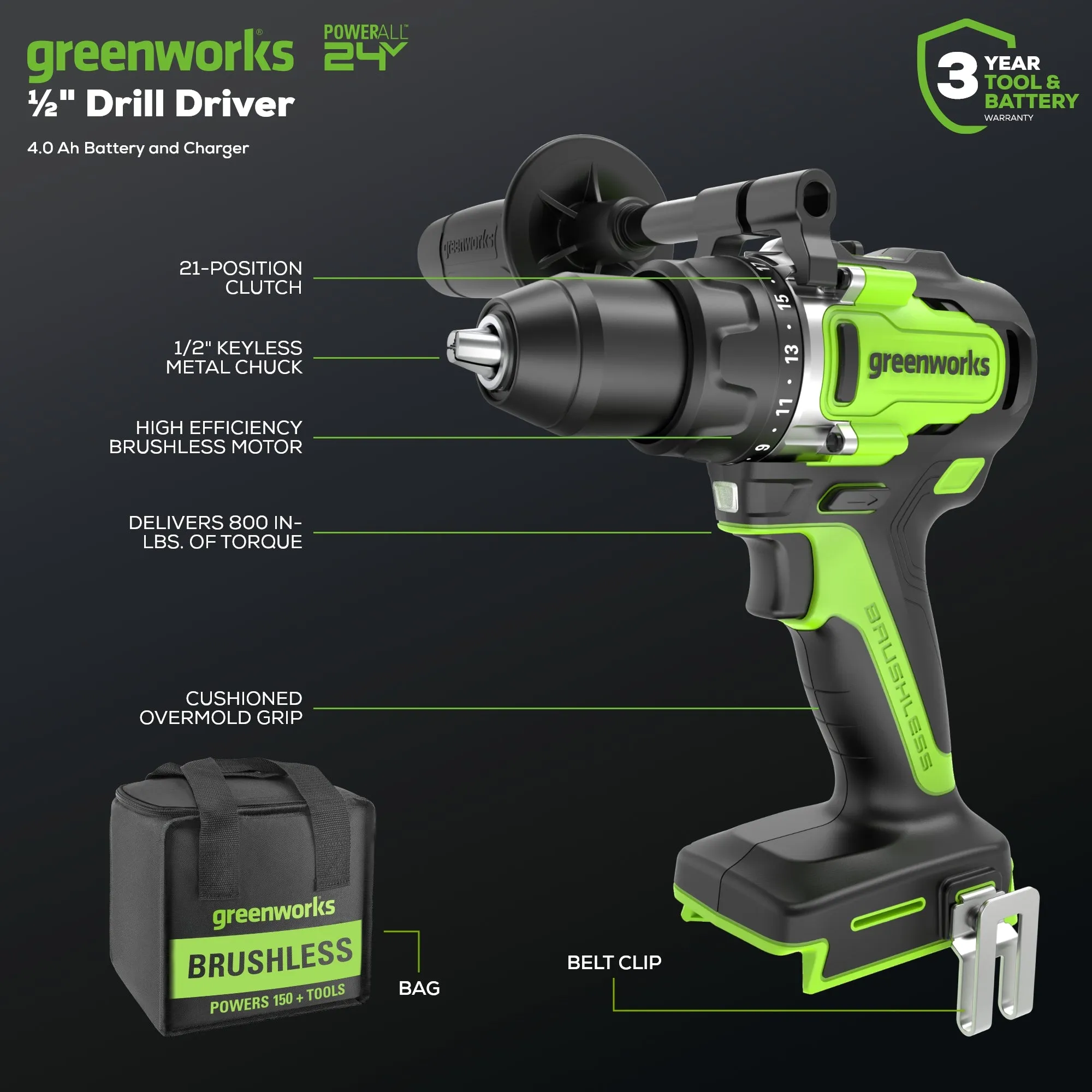 24V Cordless Battery 1/2" Drill Driver w/ 4.0Ah Battery & Charger