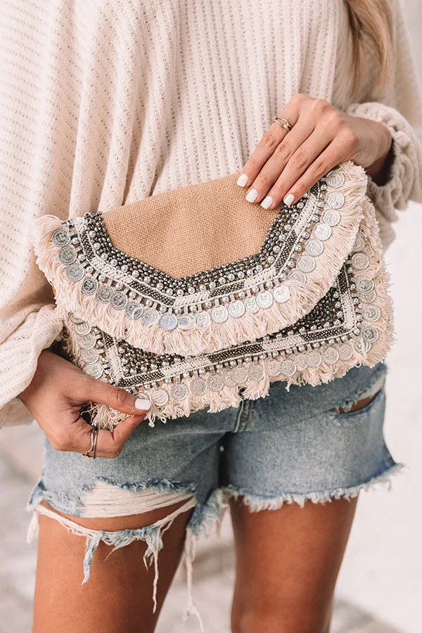 All The Way Embellished Clutch In Tan