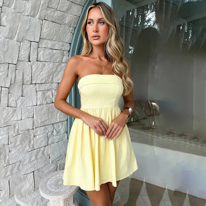 Big Hem Strapless Sleeveless Slash Neck Solid A-line Hot Girl Sexy Birthday Party Mini Dress