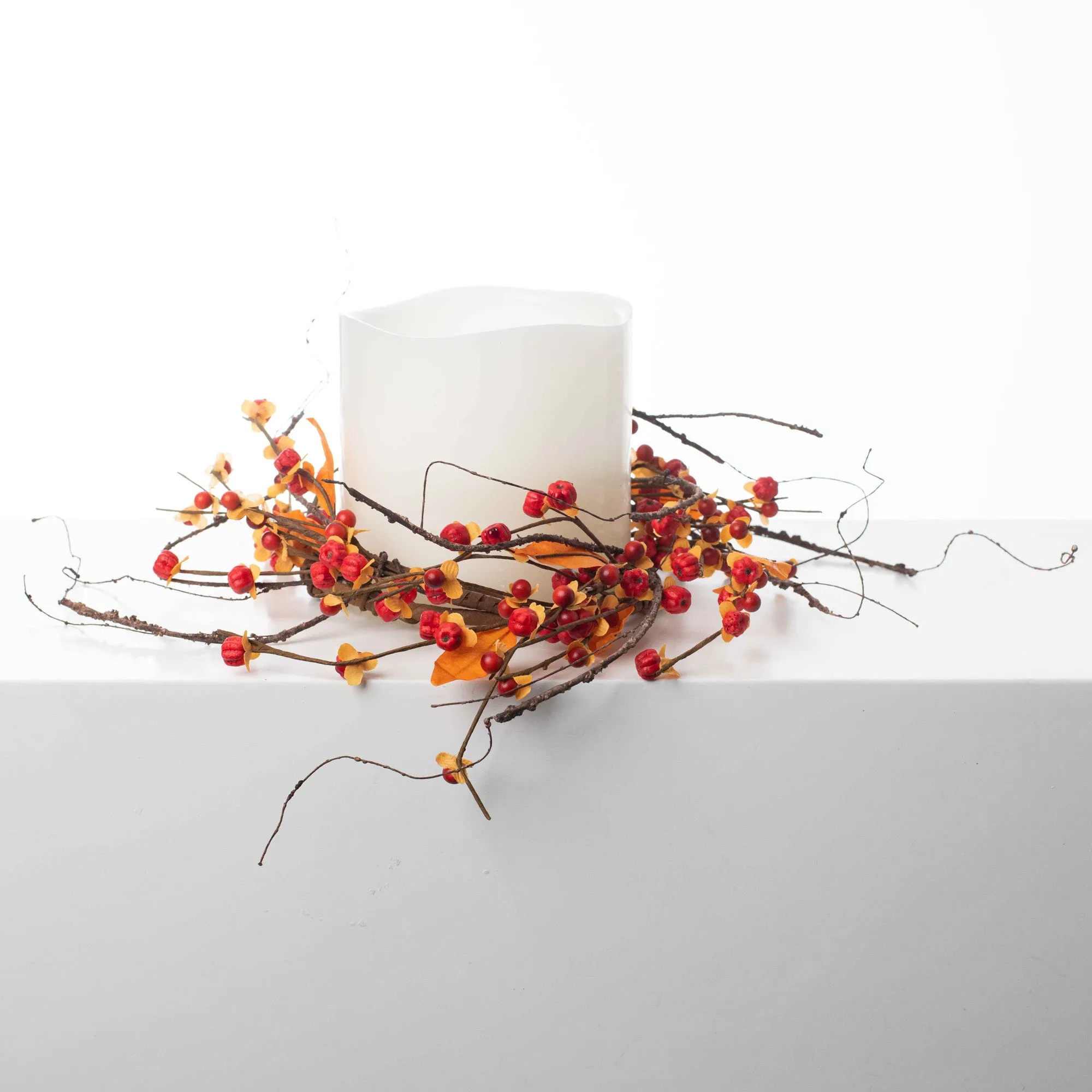 Bittersweet Autumn Leaf & Berry Fall Décor Accent Mini Candle Wreath Centerpiece