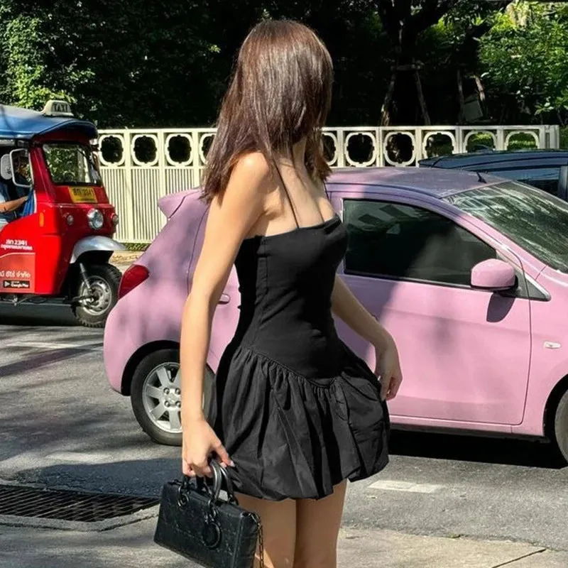 Black Big Backless Sexy Slim Club Party Mini Folds Mini Dress