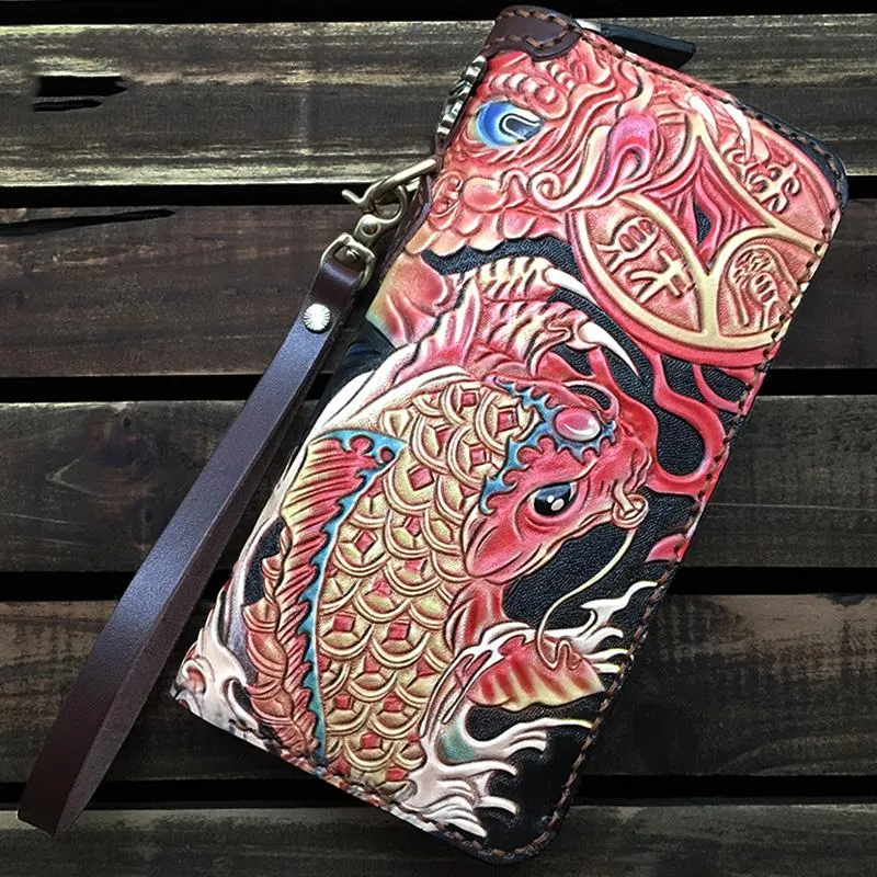 Black Handmade Chinese Dragon Tooled Leather Long Biker Wallet Chain Wallet Clutch Wallet For Men