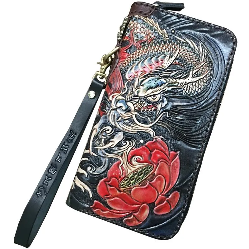 Black Handmade Chinese Dragon Tooled Leather Long Biker Wallet Chain Wallet Clutch Wallet For Men