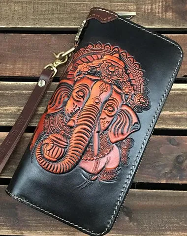 Black Handmade Tooled Ganasha Leather Long Biker Wallet Chain Wallet Clutch Wallet For Men