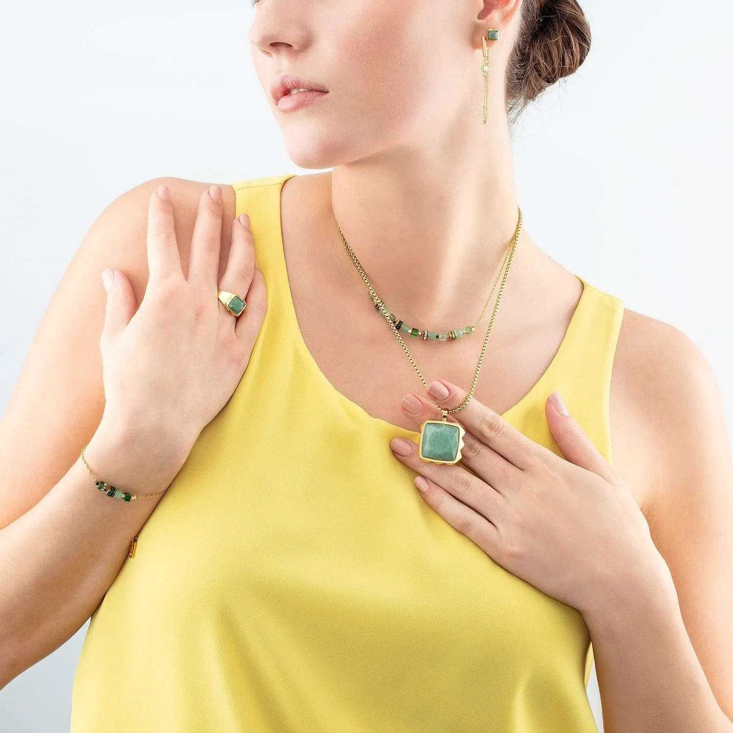 Coeur De Lion Gold Green Aventurine Square Spikes Necklace