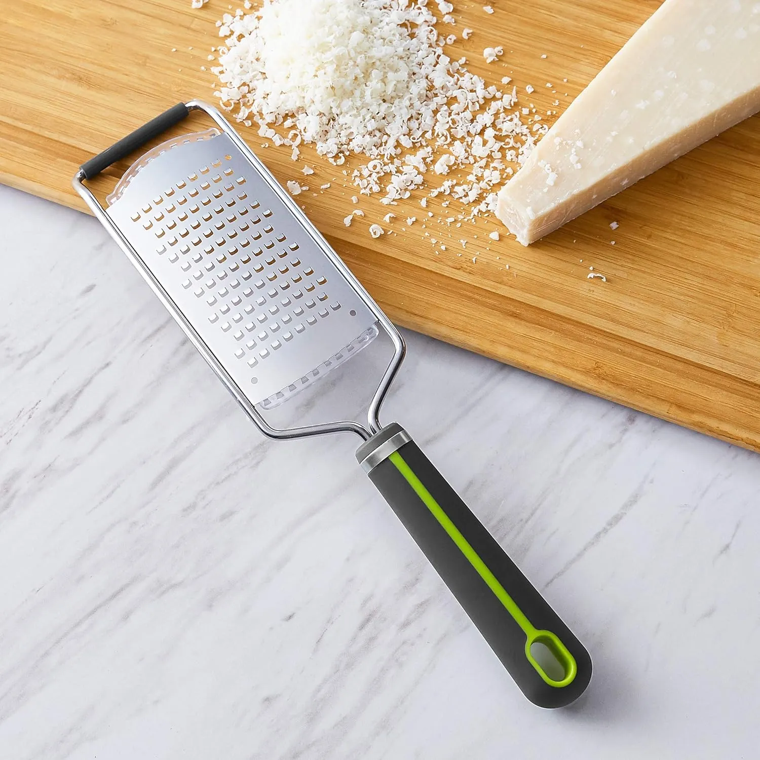 Course Hand Grater with Wide Stainless Steel Blade, Soft Grip Handle, Grey and Green