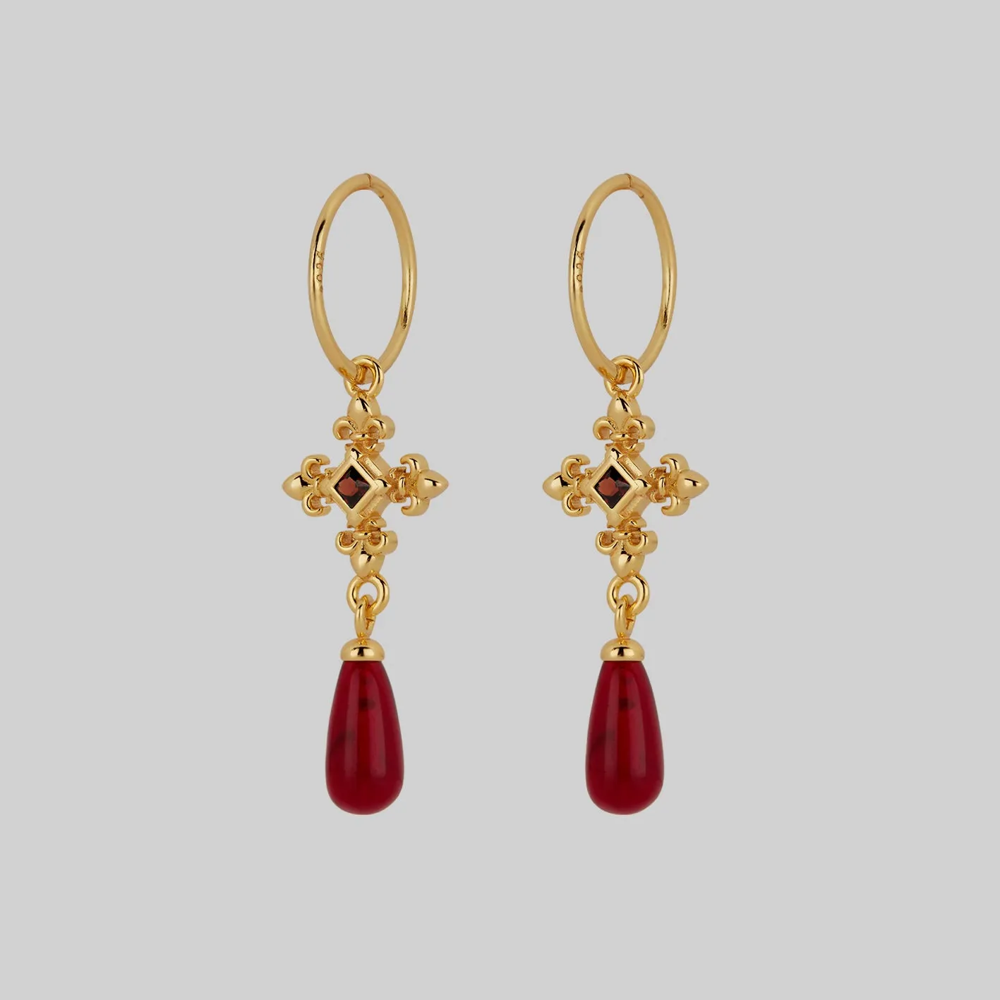 CRIMSON. Medieval Garnet Hoop Earrings - Gold