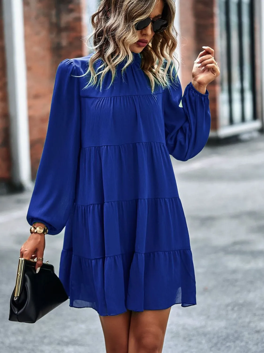 Frill Neck Puff Sleeve Tiered Dress