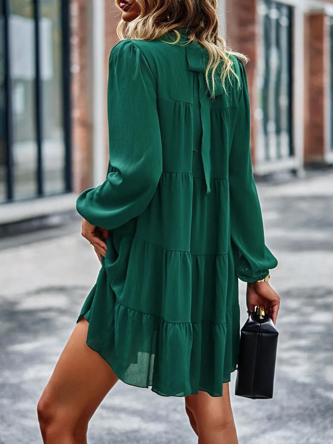 Frill Neck Puff Sleeve Tiered Dress