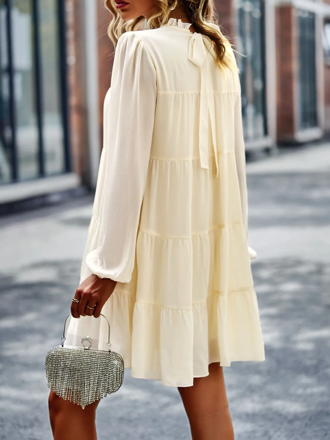 Frill Neck Puff Sleeve Tiered Dress