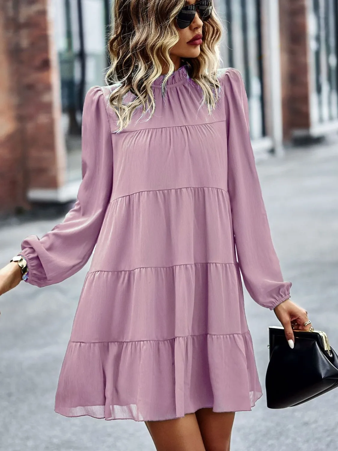 Frill Neck Puff Sleeve Tiered Dress