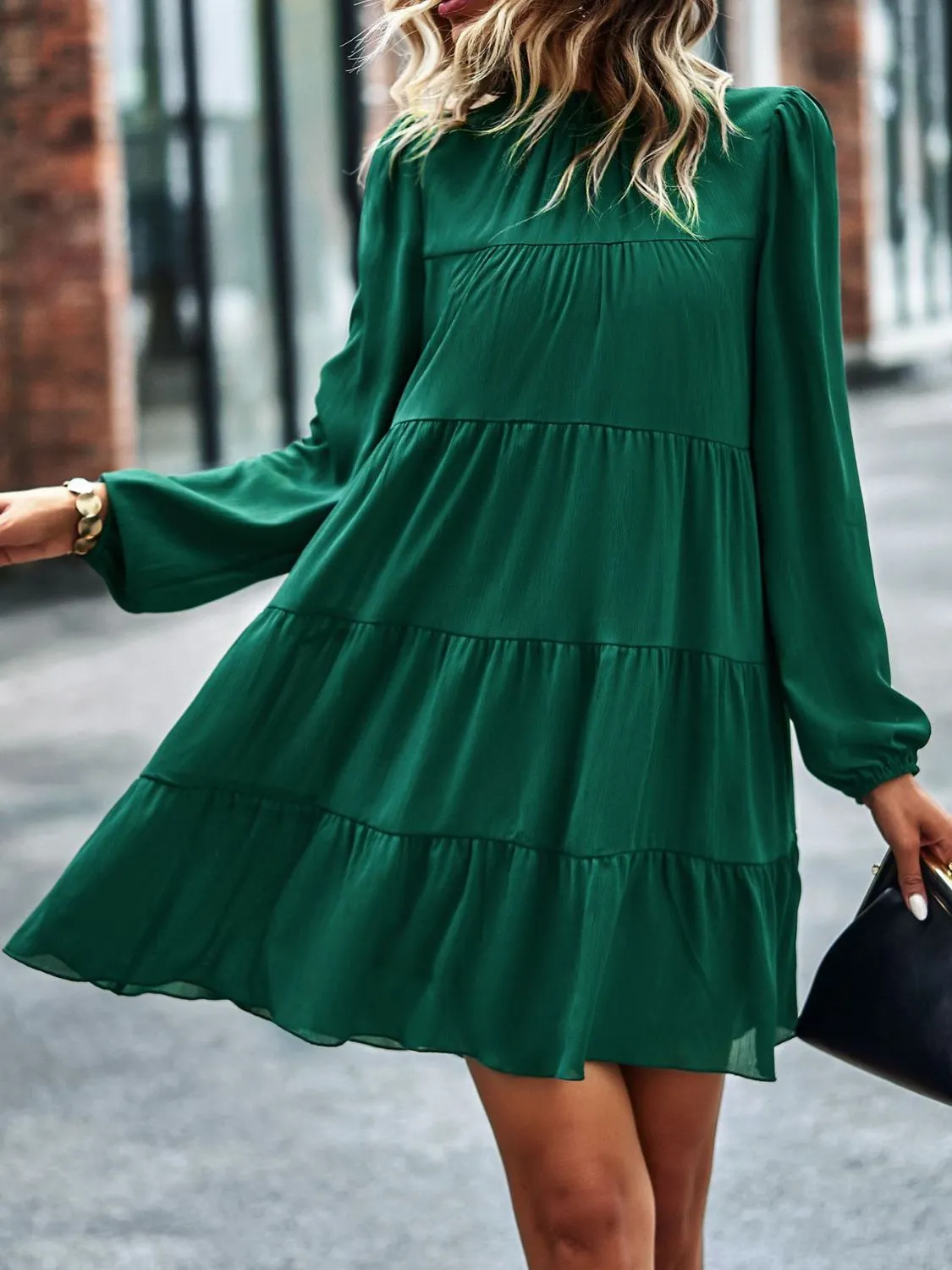 Frill Neck Puff Sleeve Tiered Dress