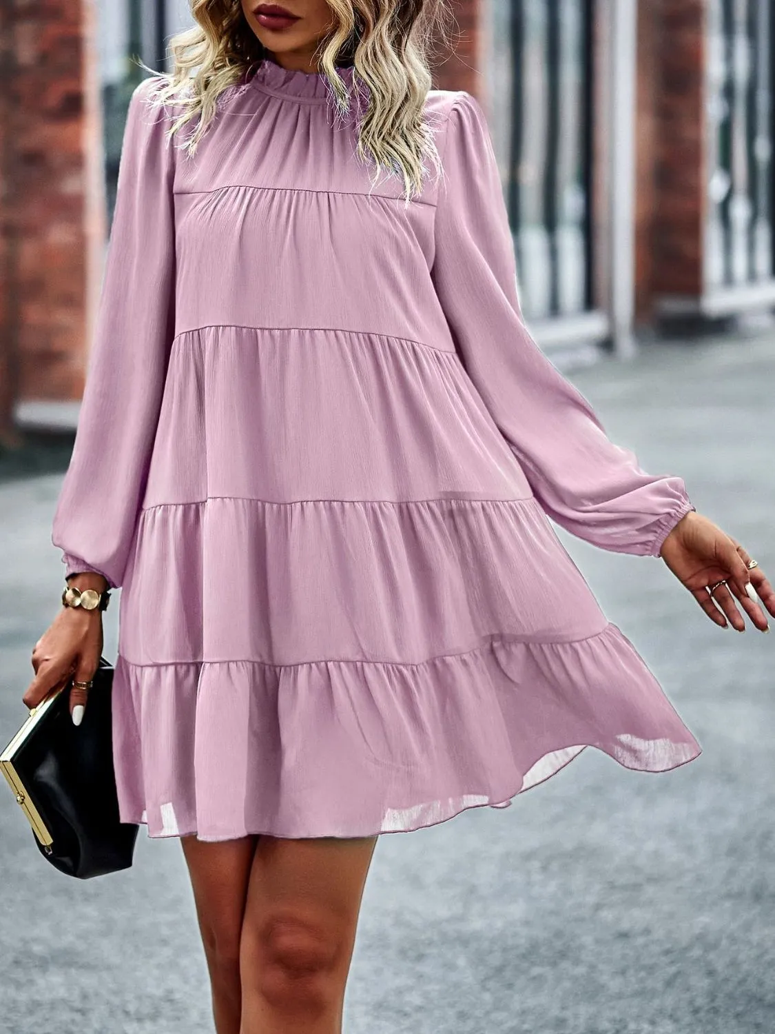 Frill Neck Puff Sleeve Tiered Dress