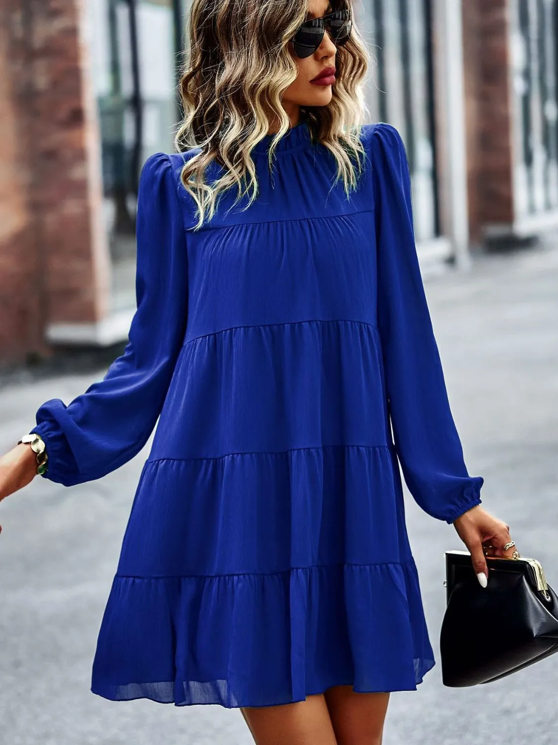 Frill Neck Puff Sleeve Tiered Dress