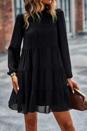 Frill Neck Puff Sleeve Tiered Dress