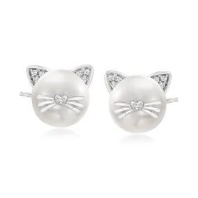 Ross-Simons 8-8.5mm Cultured Pearl Cat Earrings with Diamond Accents