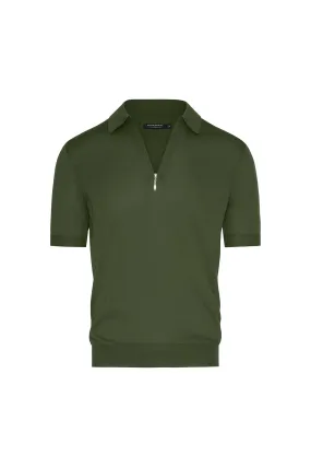 Silk Cotton Blend Knit Zip Front Polo in Avocado