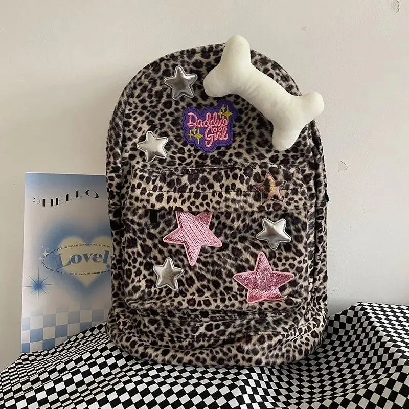 TAVIMART  -  Korean Fashion Leopard School Backpack for College Students Y2k Star Patchwork Aesthetic Cute Girl Backpack  All Match Mochilas