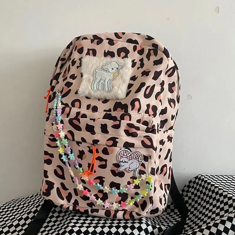 TAVIMART  -  Korean Fashion Leopard School Backpack for College Students Y2k Star Patchwork Aesthetic Cute Girl Backpack  All Match Mochilas