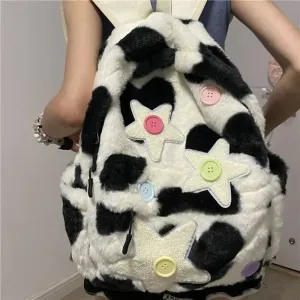 TAVIMART  -  Korean Niche Design Preppy Star Patchwork Plush Student Schoolbag Y2k Cow Pattern Sweet Girl Backpack Travel Mochilas Para Mujer