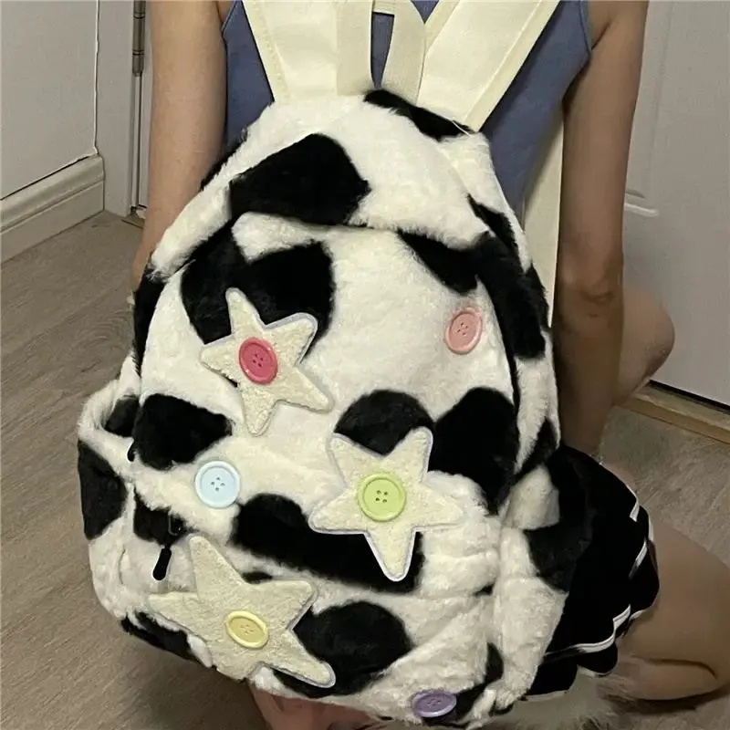 TAVIMART  -  Korean Niche Design Preppy Star Patchwork Plush Student Schoolbag Y2k Cow Pattern Sweet Girl Backpack Travel Mochilas Para Mujer