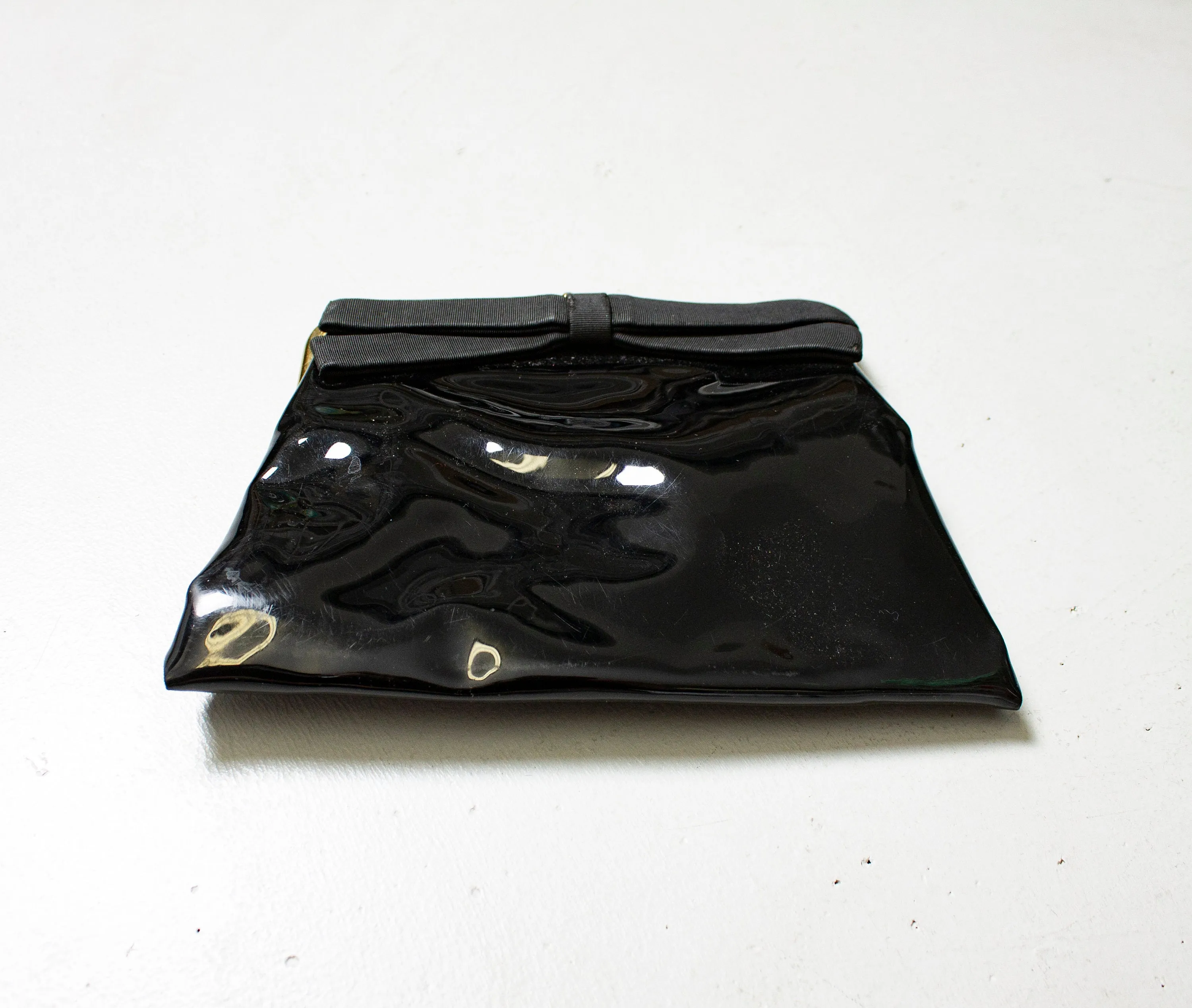 Vintage 1960s Purse Black Patent Vinyl BOW Cocktail Clutch Bag