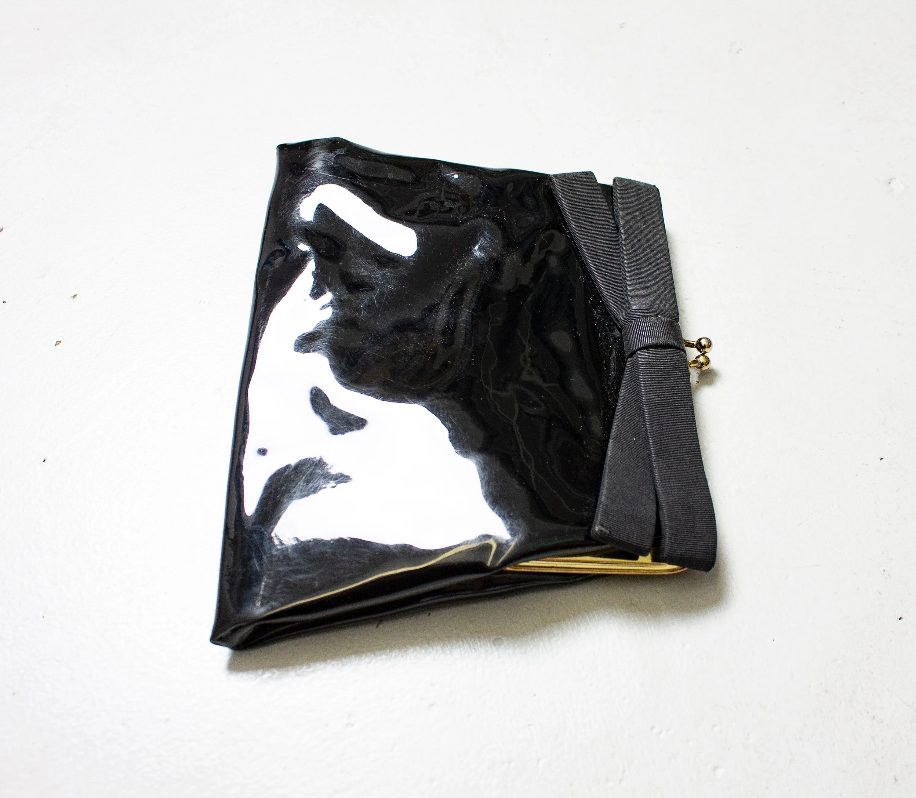 Vintage 1960s Purse Black Patent Vinyl BOW Cocktail Clutch Bag