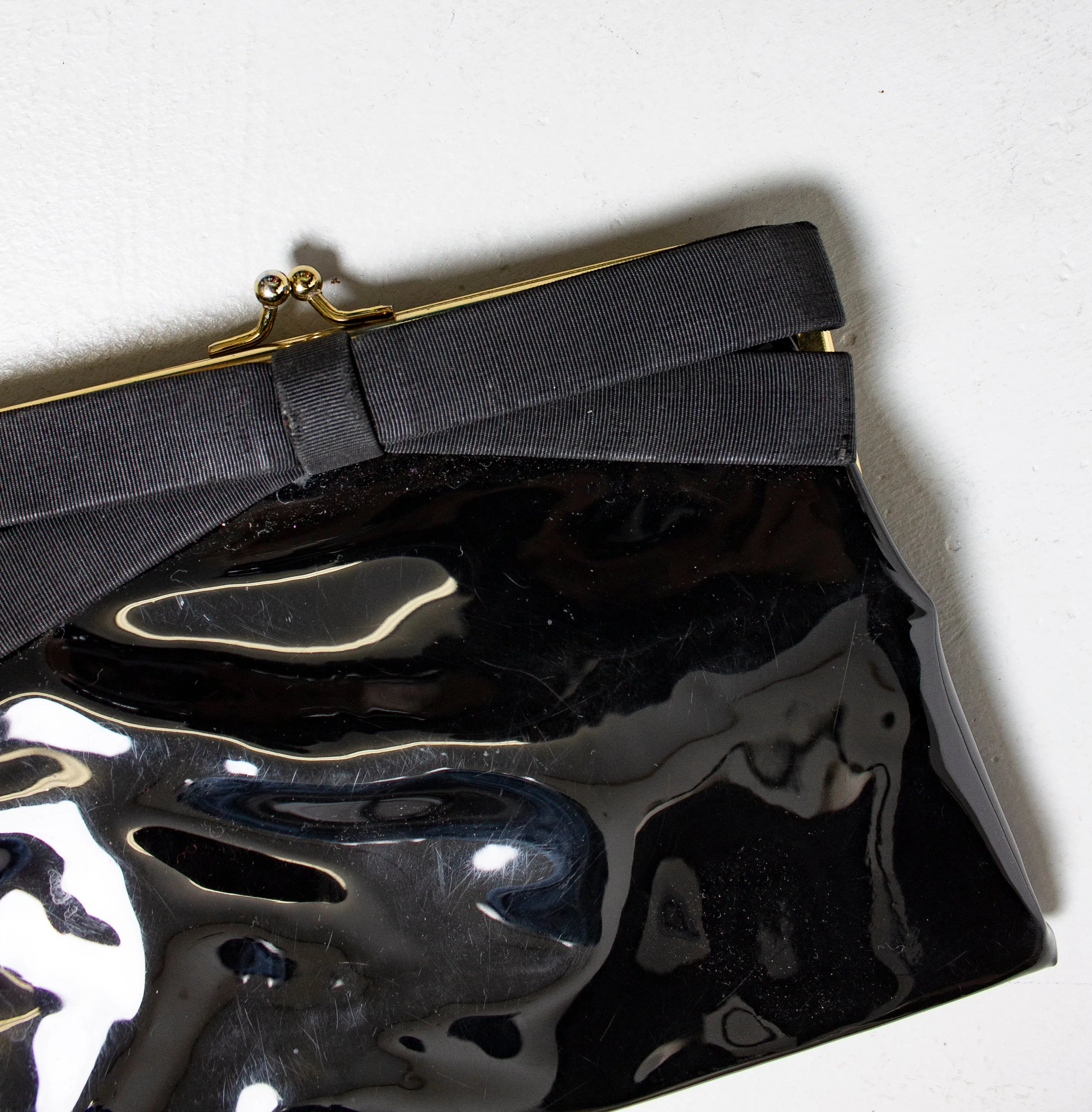 Vintage 1960s Purse Black Patent Vinyl BOW Cocktail Clutch Bag