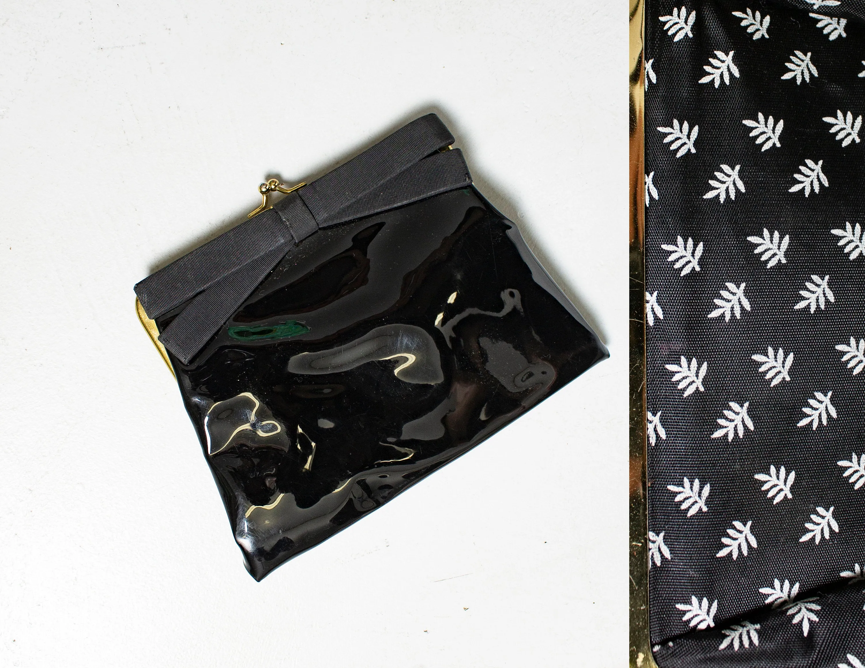 Vintage 1960s Purse Black Patent Vinyl BOW Cocktail Clutch Bag