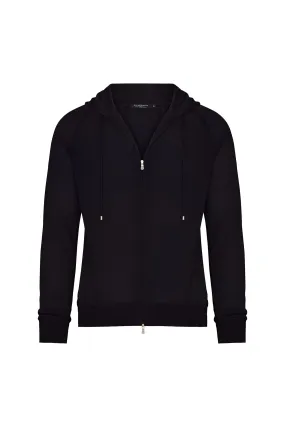 Wool Traveler Knit Zip-Front Hooded Sweater in Midnight